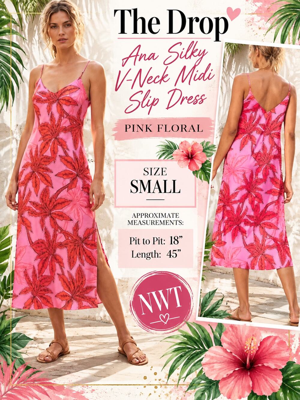The Drop NWT Women's Ana Silky V-Neck Midi Slip Dress Pink Floral Small